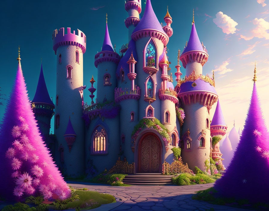 Whimsical pink and purple castle with lush, purple trees at sunset