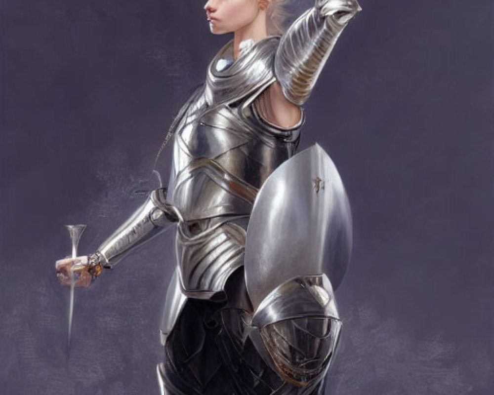 Female knight in silver armor wielding sword against grey backdrop