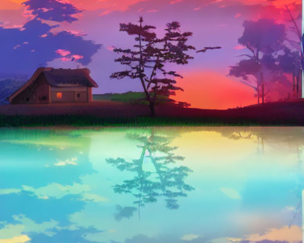 Colorful sunset lakeside scene with house and trees