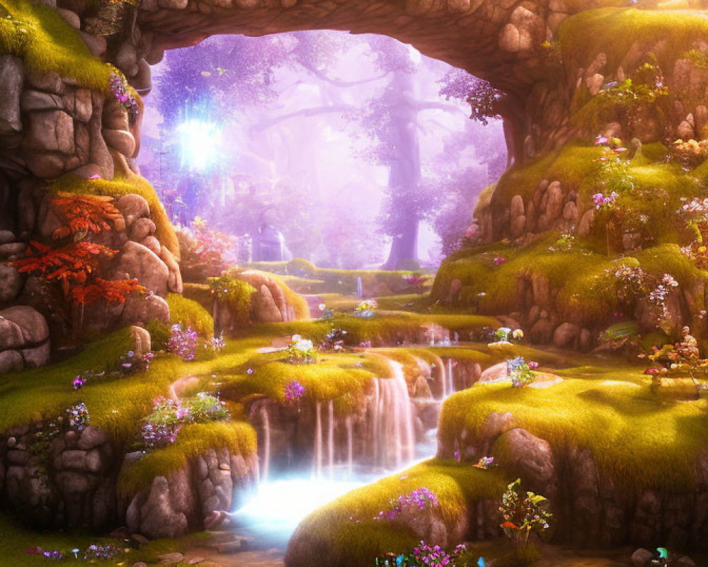 Enchanting forest scene with stone arch bridge, waterfalls, flowers, and ethereal light
