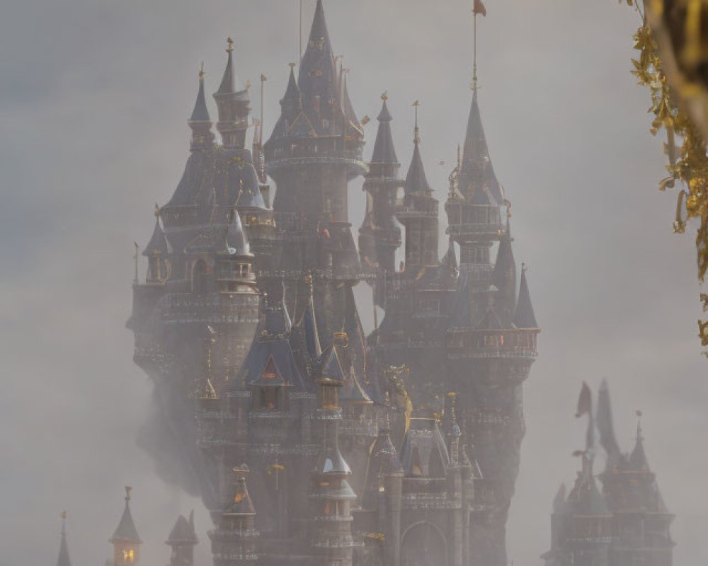 Misty fairytale castle with multiple spires in hazy sky