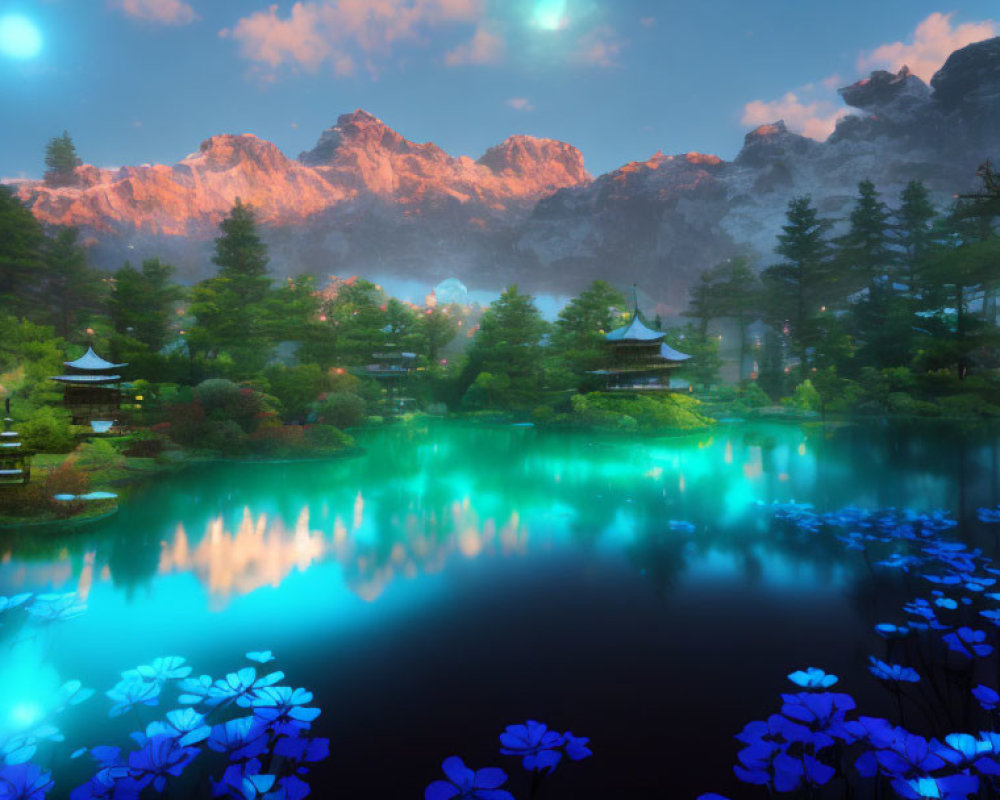 Serene lake reflecting blue flowers and trees amidst mountainous backdrop