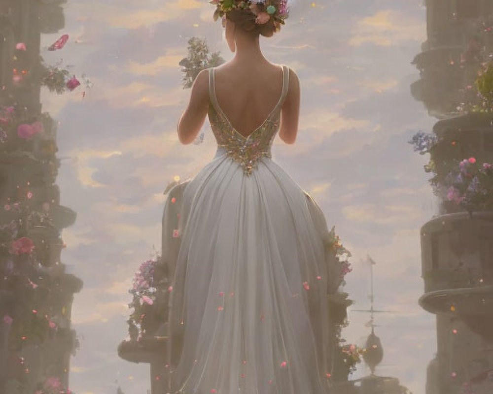 Woman in white gown with flower crown admires ethereal cityscape