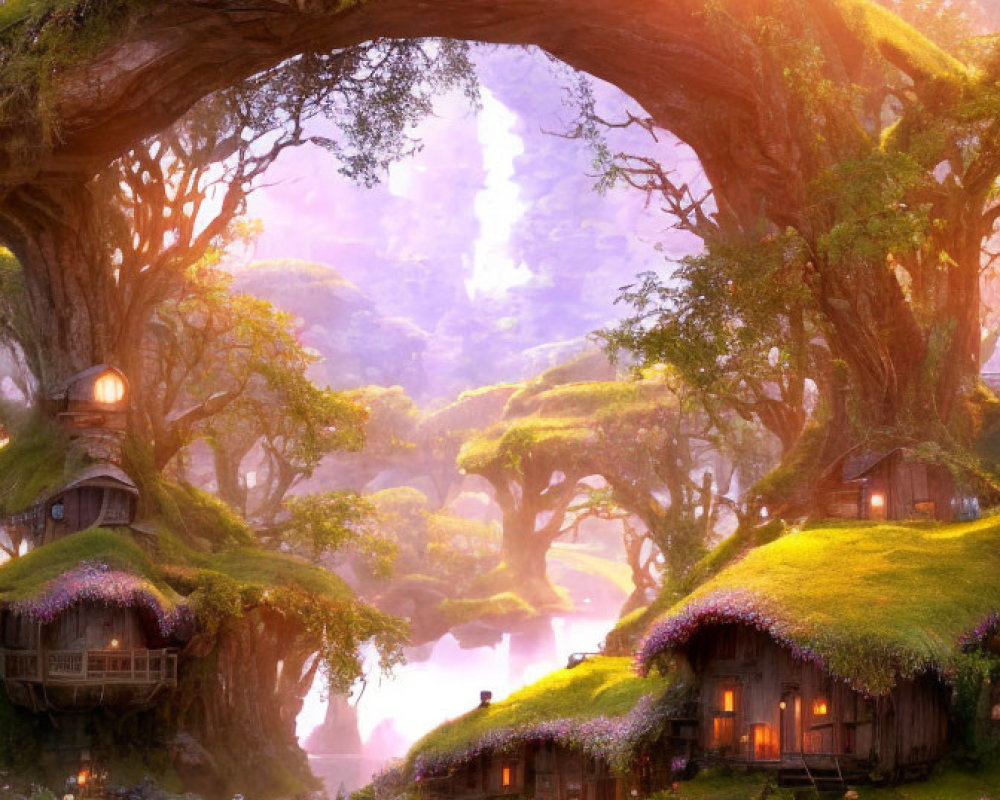 Whimsical treehouses in vibrant forest scene