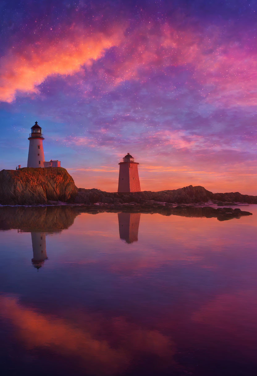Twilight sky with two lighthouses on rocky outcrops