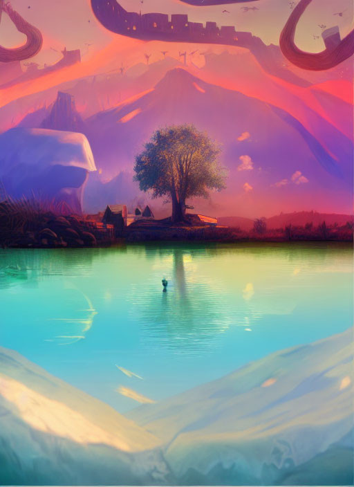Vibrant surreal landscape with tree, houses, person swimming, and alien-like formations