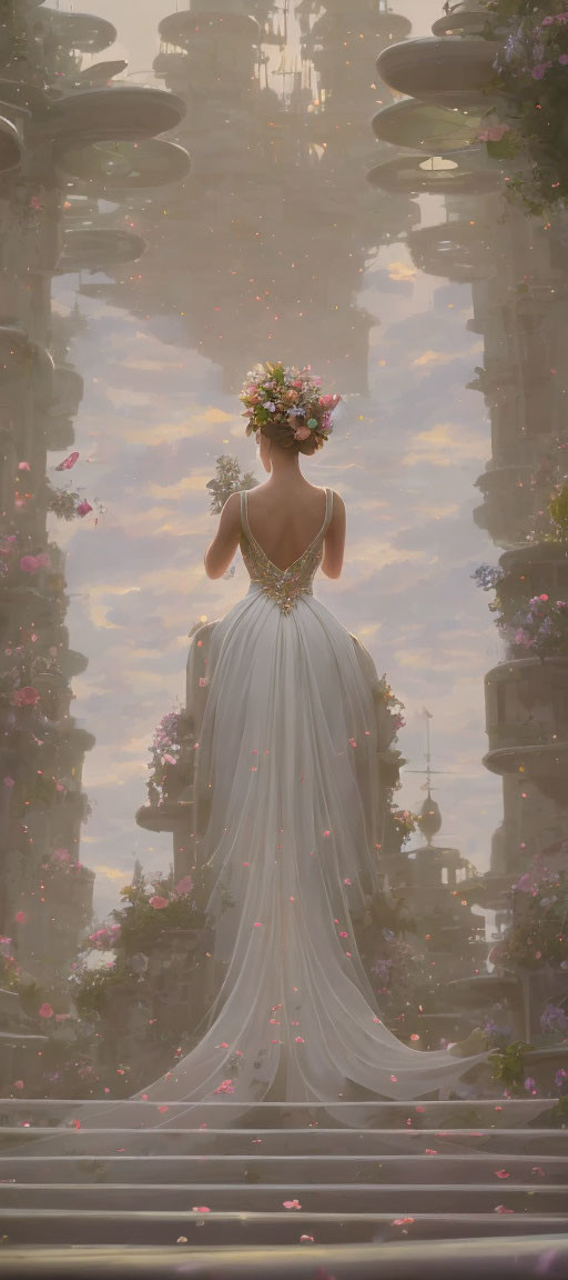 Woman in white gown with flower crown admires ethereal cityscape