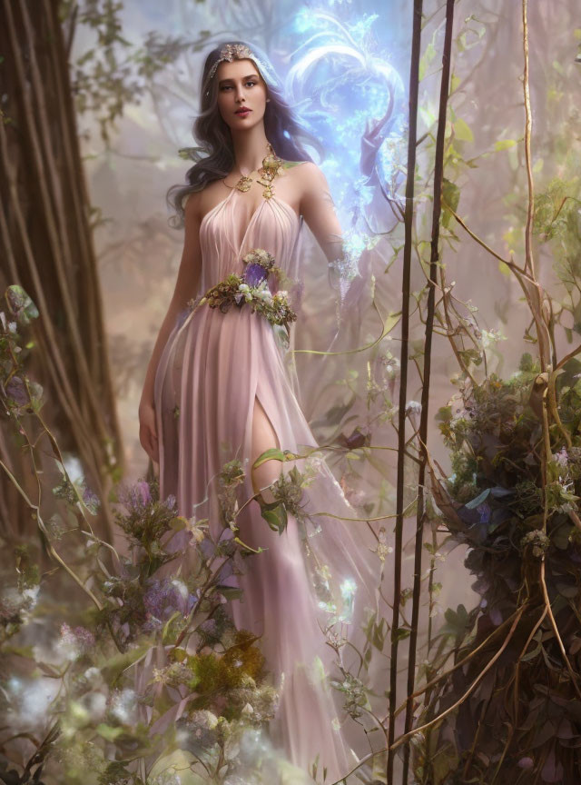 Woman in pink dress surrounded by mystical forest with blue light patterns