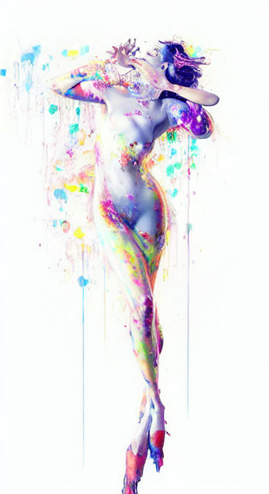 Vibrant human figure covered in bright paint splashes on white background
