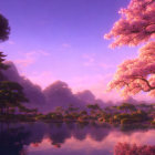 Tranquil cherry blossom landscape with pagoda, misty mountains, and reflective lake