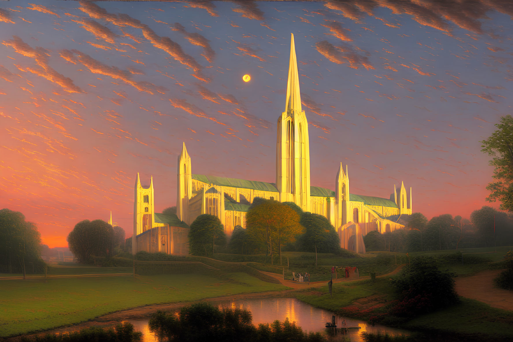 Majestic cathedral with tall spires at sunrise by serene river