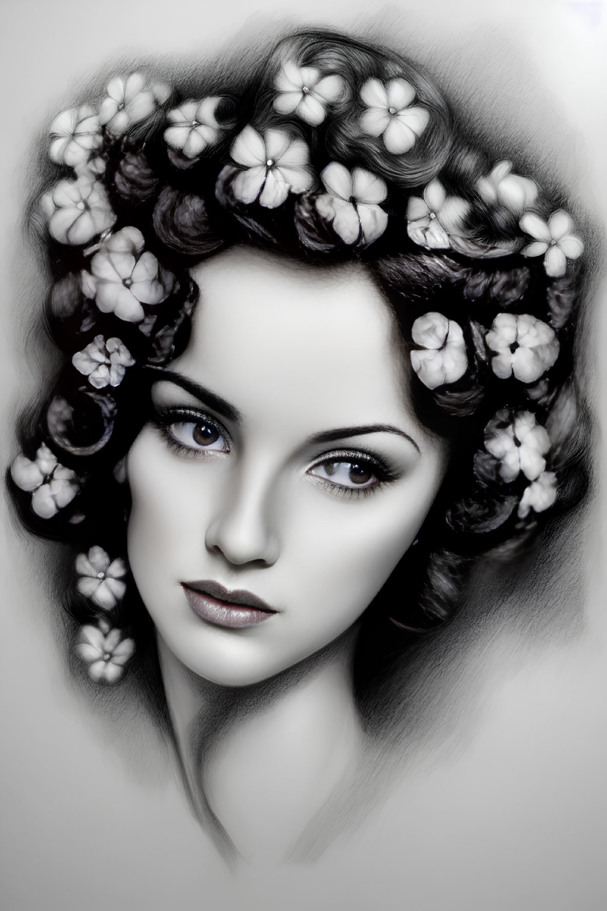 Monochrome artistic portrait of a woman with flowers in her hair