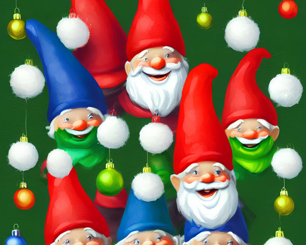 Colorful Christmas Gnomes with Red Hats and Ornaments on Green Background