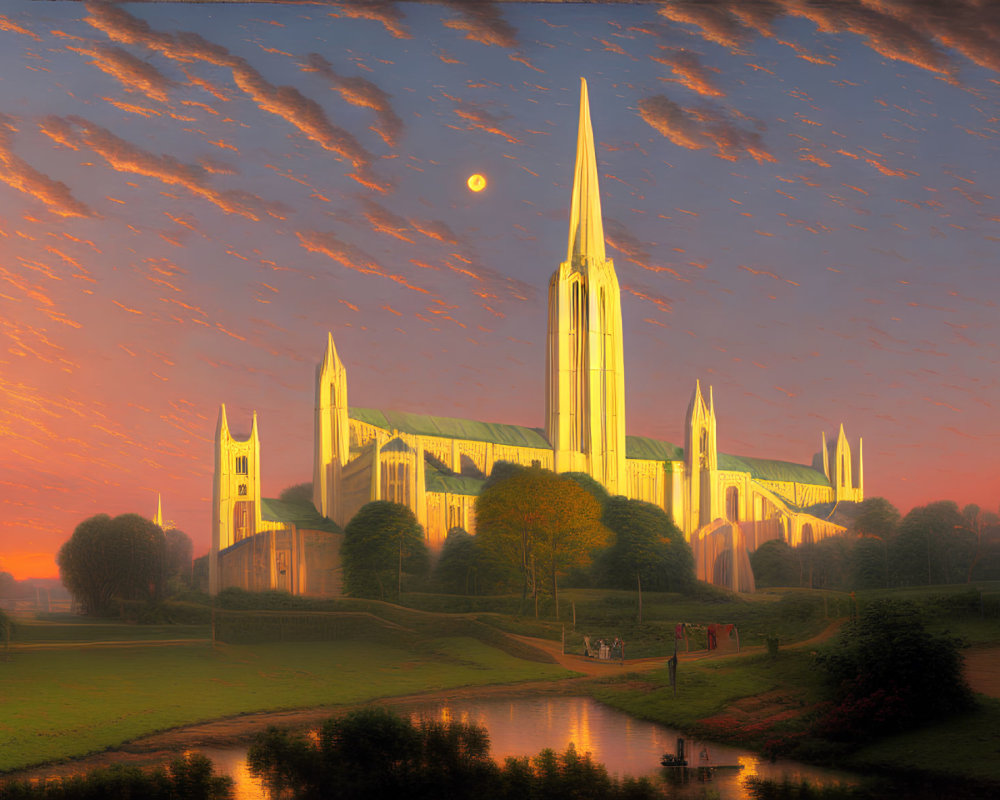 Majestic cathedral with tall spires at sunrise by serene river