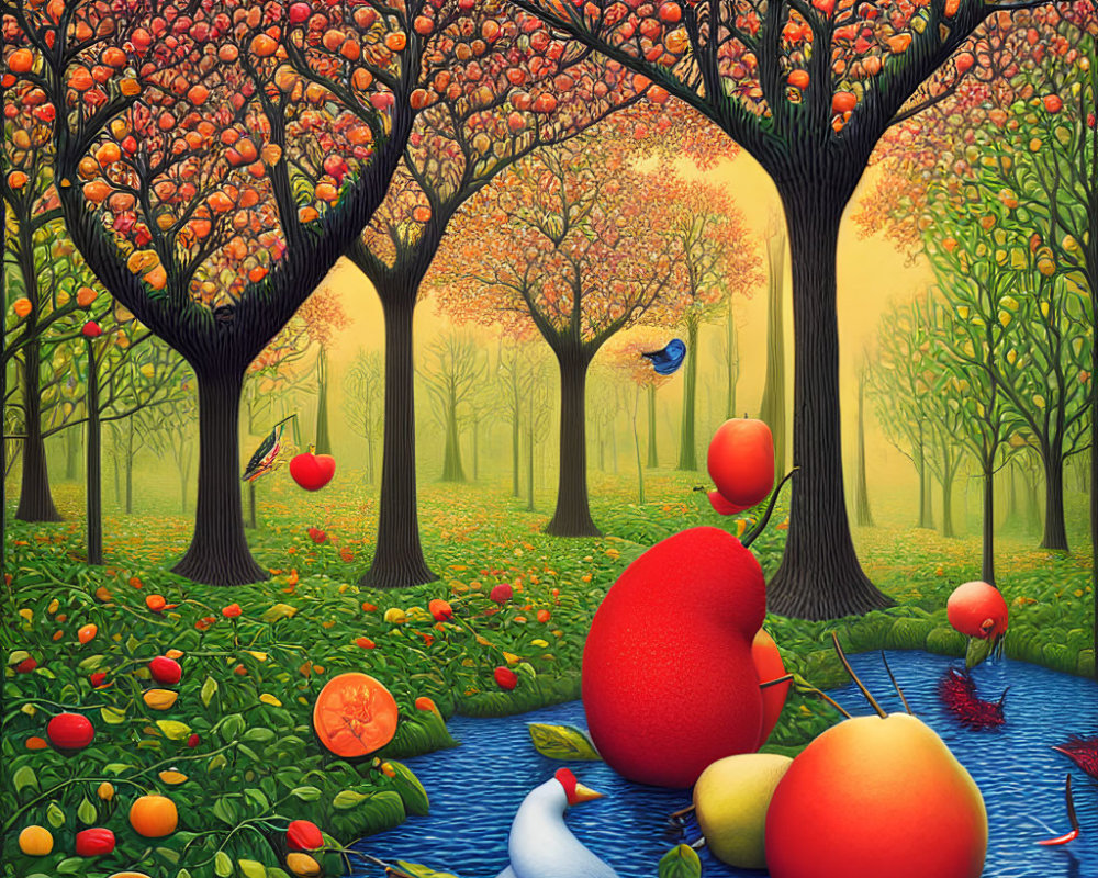 Colorful whimsical orchard with oversized fruits, serene river, and surreal ambiance