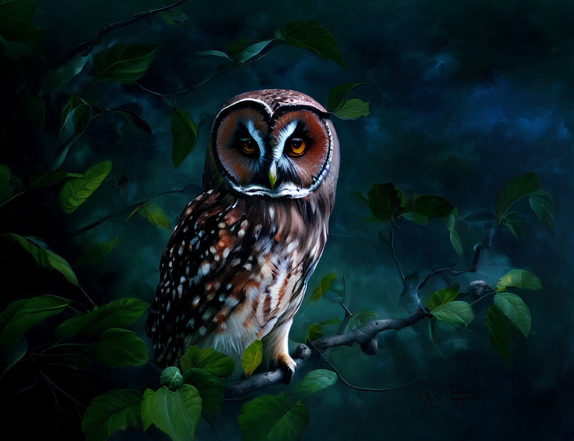 Digital painting of owl with orange eyes on branch in dark green foliage