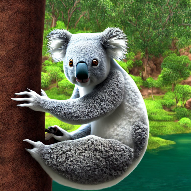 Detailed 3D illustration of koala on tree trunk in lush forest
