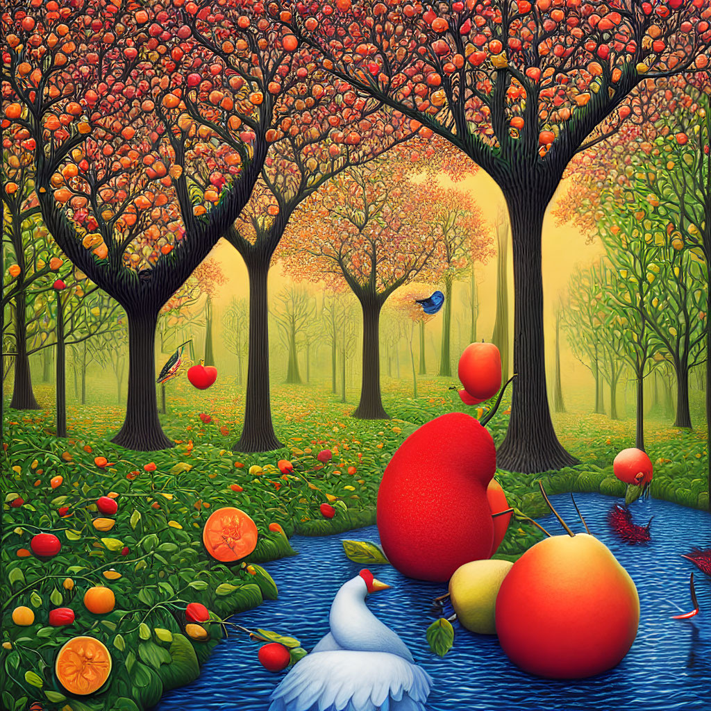 Colorful whimsical orchard with oversized fruits, serene river, and surreal ambiance