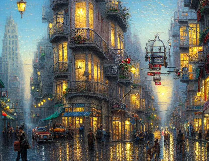 Vintage architecture and glowing lights on a bustling city street at dusk with people walking in gentle rain