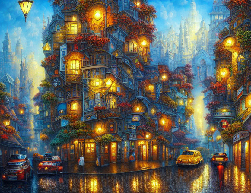 Colorful Street Painting: Vintage Architecture, Classic Cars, Twilight Sky