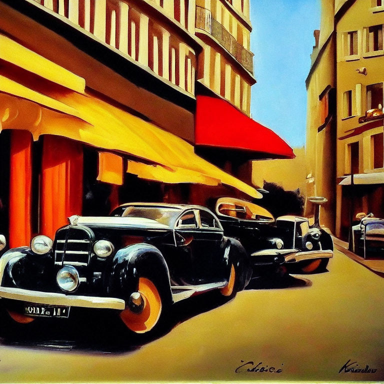 Colorful Street Scene with Vintage Cars and Tall Buildings