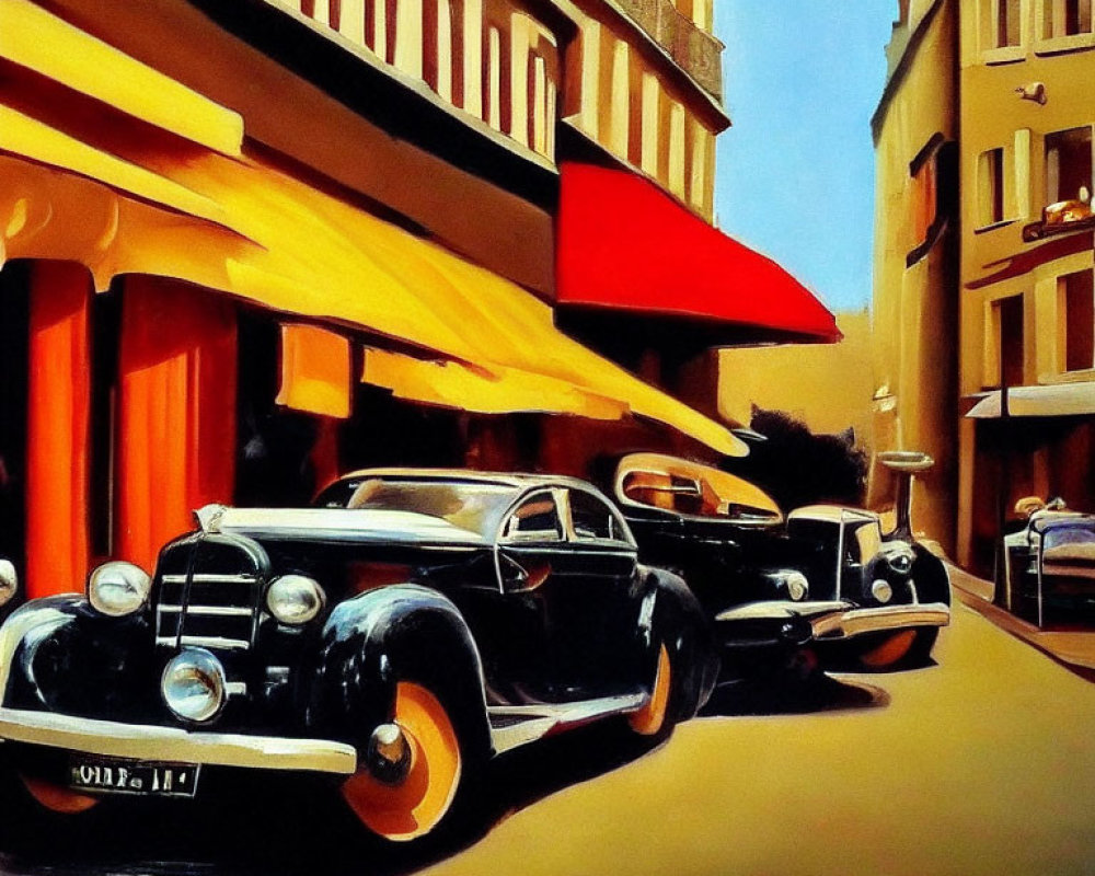 Colorful Street Scene with Vintage Cars and Tall Buildings