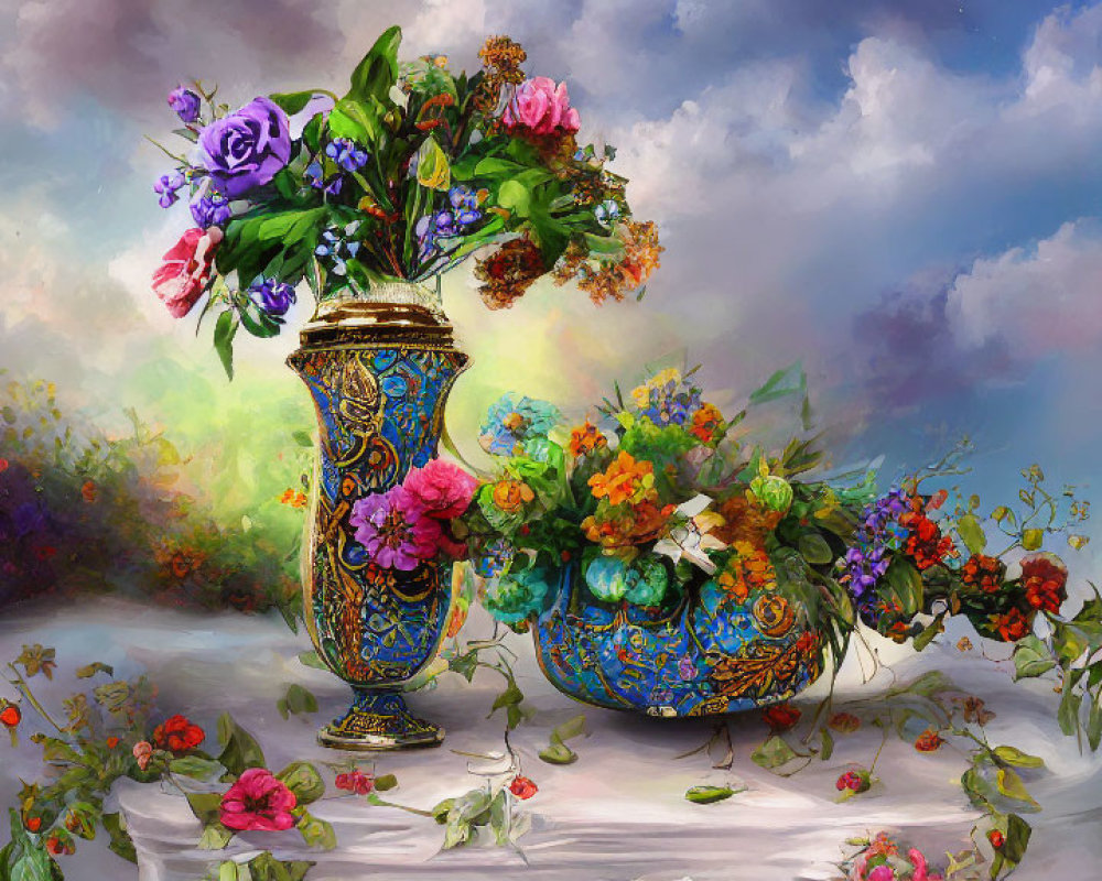 Colorful floral painting in decorative vase against dreamy garden backdrop