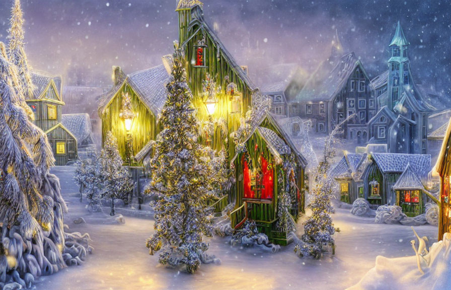 Snow-covered winter village scene with glowing lights and festive atmosphere