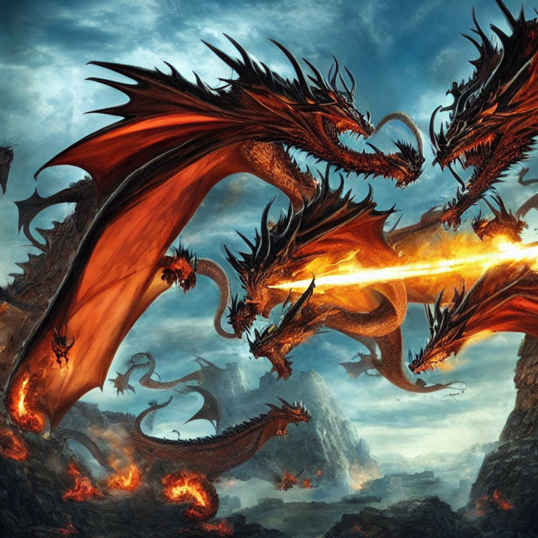 Fierce dragons with reddish-orange wings breathe fire in dramatic rocky landscape