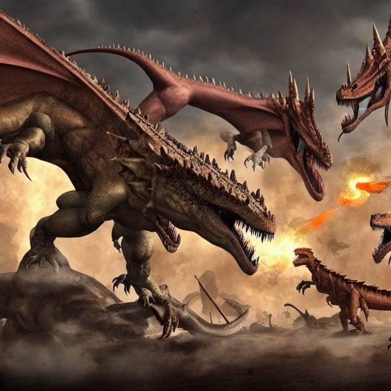 Multiple dragons in menacing poses under stormy sky, one breathing fire