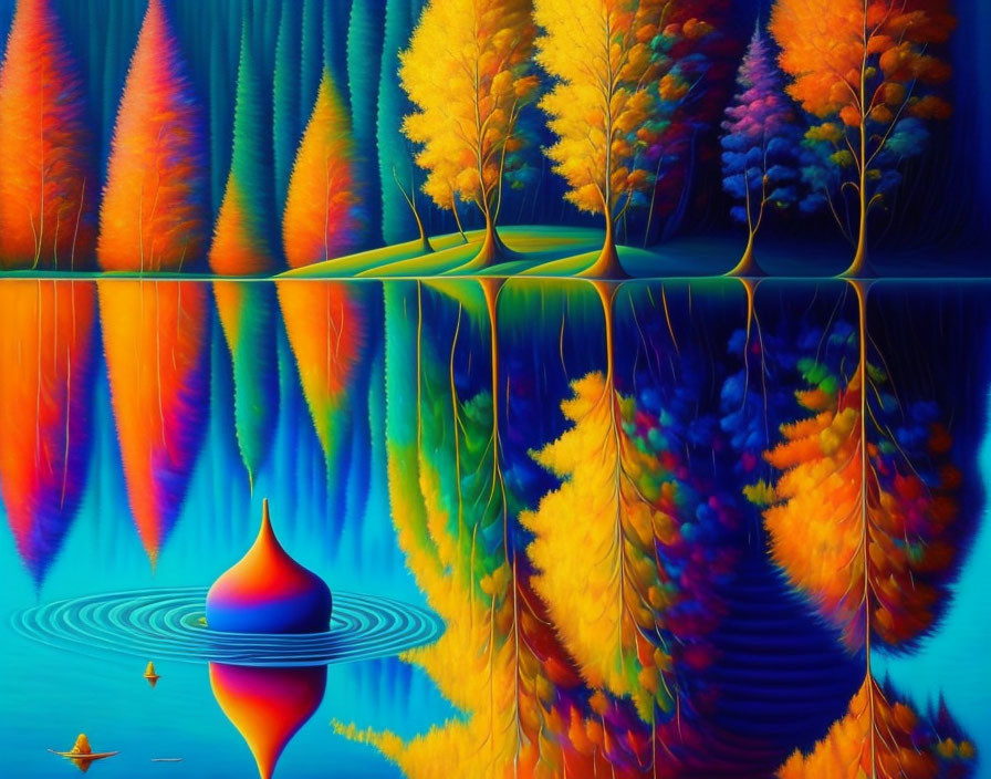 Colorful Forest Reflection with Surreal Droplet Ripple