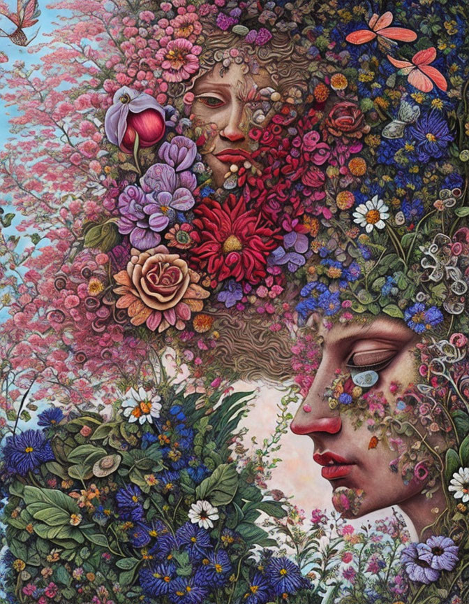 Colorful floral tapestry artwork with blended faces and nature elements