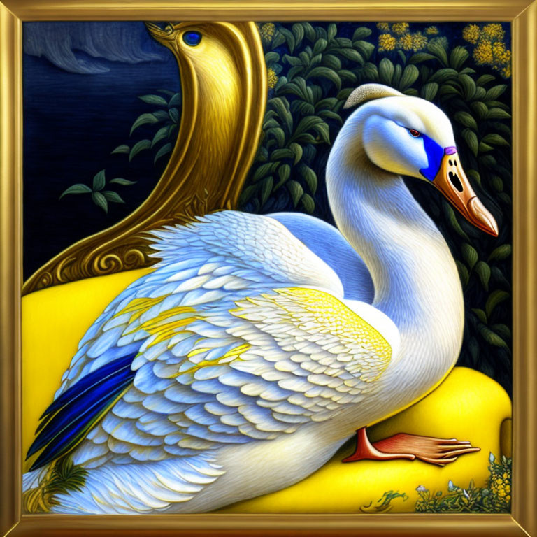 Detailed illustration of swan with blue and gold plumage, peacock, and lush foliage on yellow