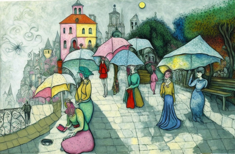 Colorful village scene with whimsical figures and cobblestone paths
