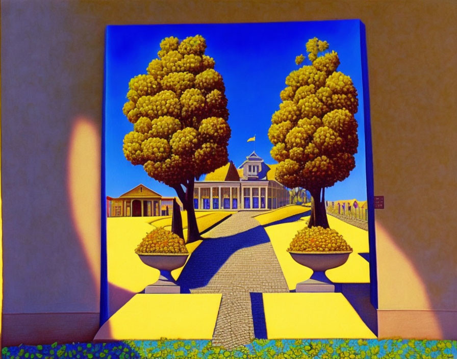 Vibrant surreal painting of symmetrical landscape with trees, path, and building