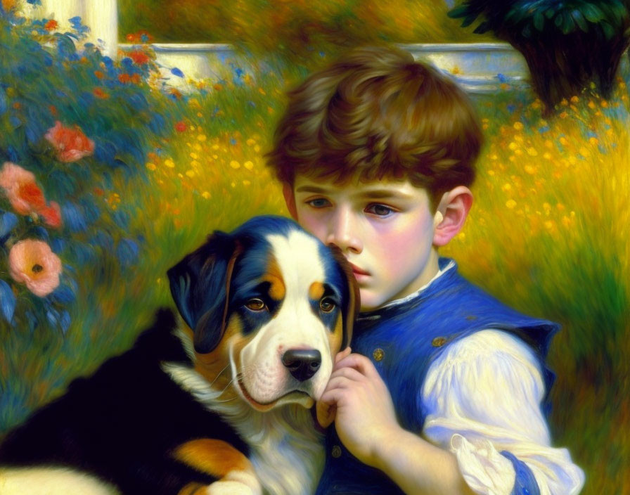 Contemplative boy with Bernese Mountain Dog in flower-filled meadow