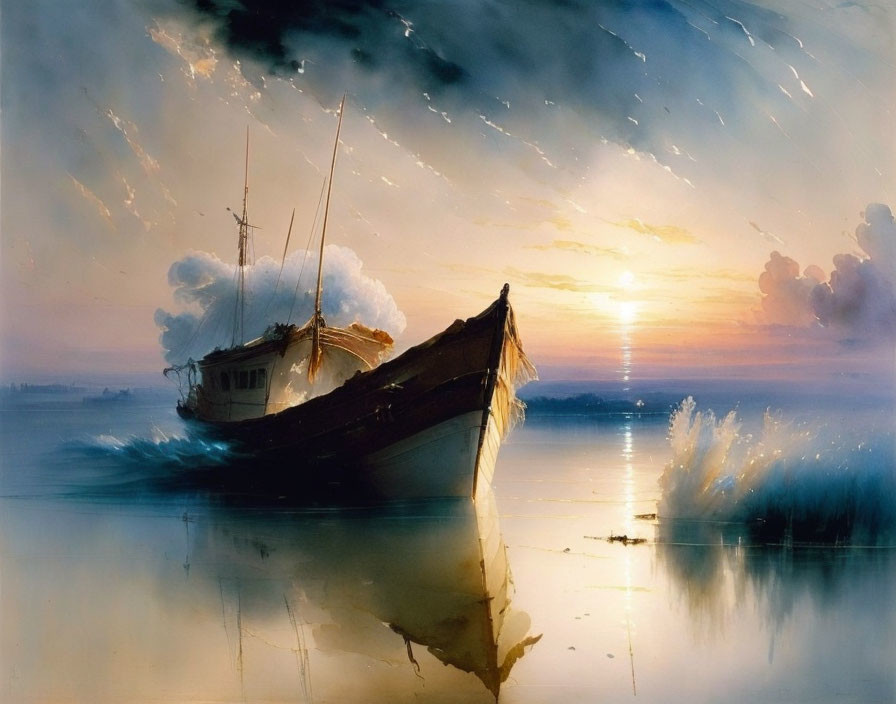 Tranquil sunset painting of boat on calm waters