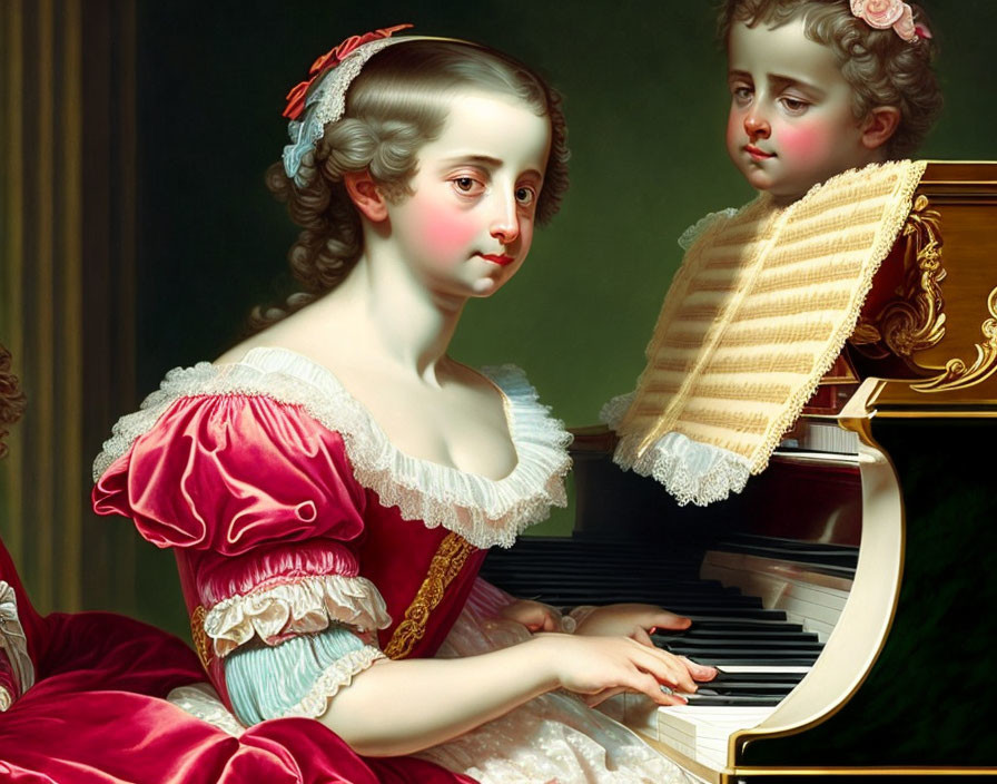 Classical painting: Young woman in red and white dress playing piano with child watching