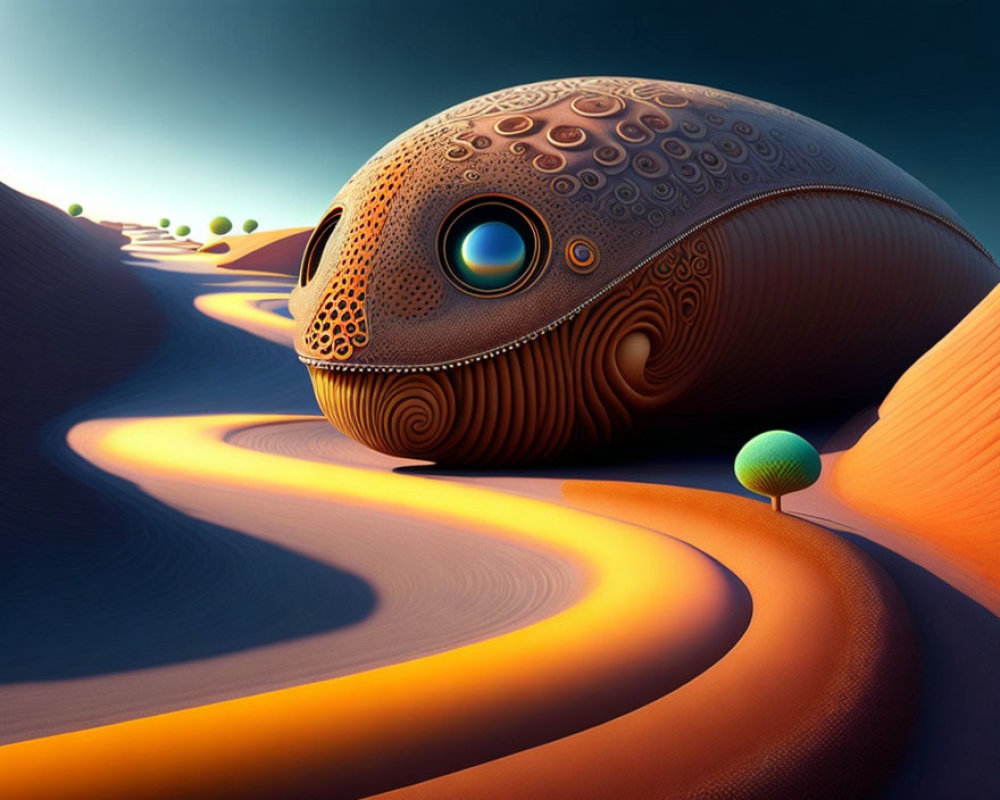 Whimsical creature in surreal landscape with intricate patterns