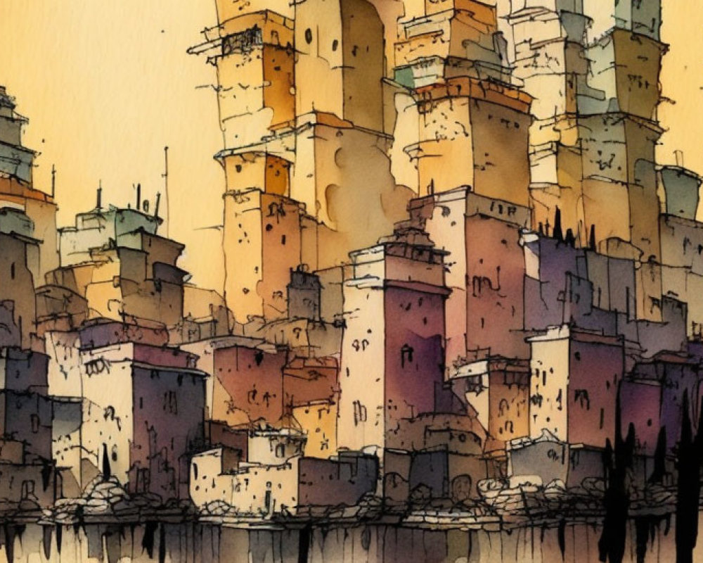 Detailed Watercolor Cityscape Illustration with Multi-Layered Buildings