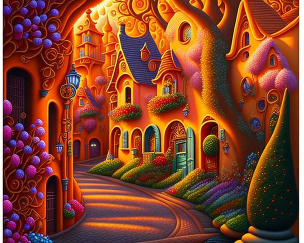 Colorful Illustration of Whimsical Town with Spiraling Trees