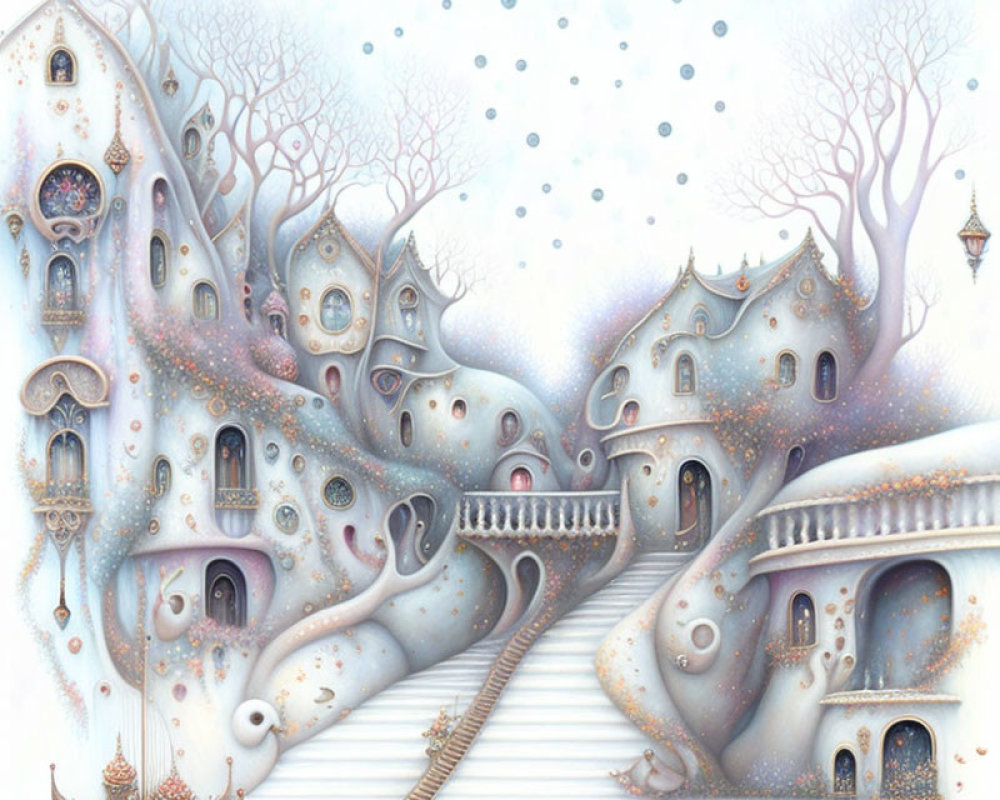 Pastel-colored village illustration with organic-shaped houses and snowy sky