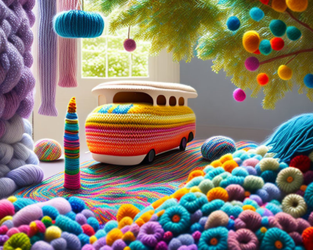 Vibrant yarn decorations: knitted bus, textured trees, multicolored pompom floor