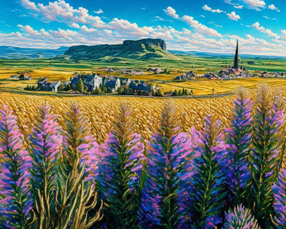 Colorful rural landscape painting with wheat field, village, and hill under blue sky