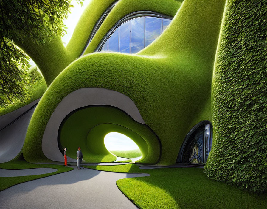 Futuristic building with lush greenery, curved walls, and people at entrance