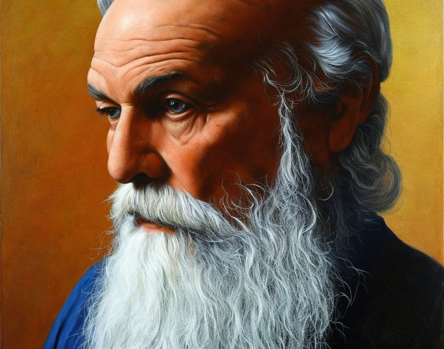 Realistic elderly man portrait with long white beard and hair on warm background
