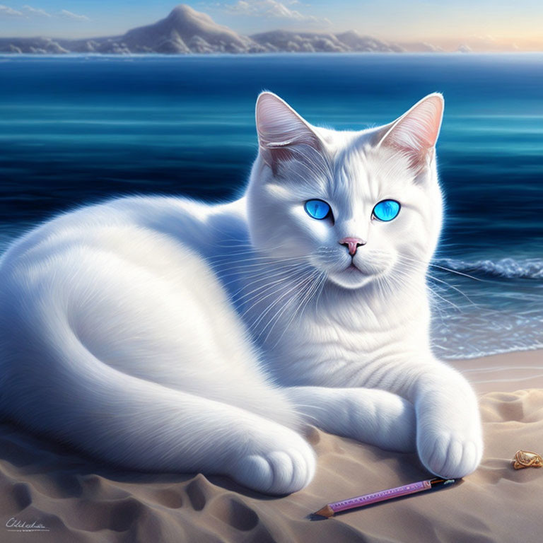 White cat with blue eyes on sandy beach with mountains in background