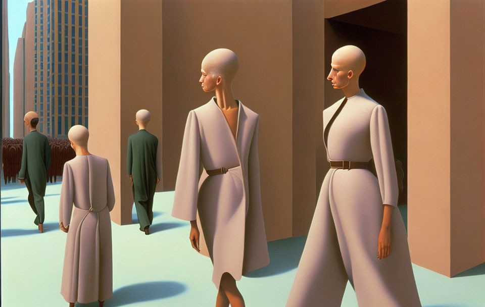 Bald Figures in White Robes Walking in Cityscape