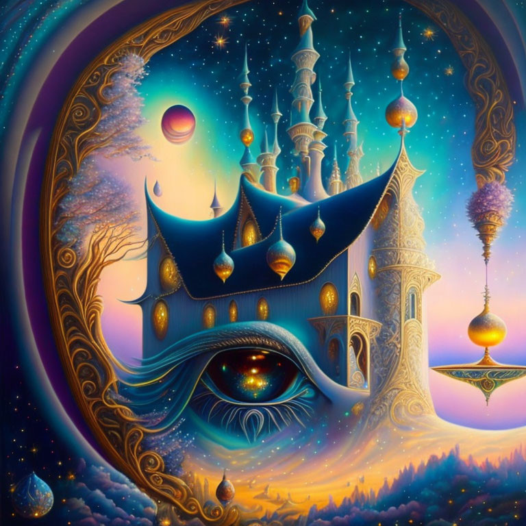 Surreal castle painting with eye motifs and starry sky in circular frame