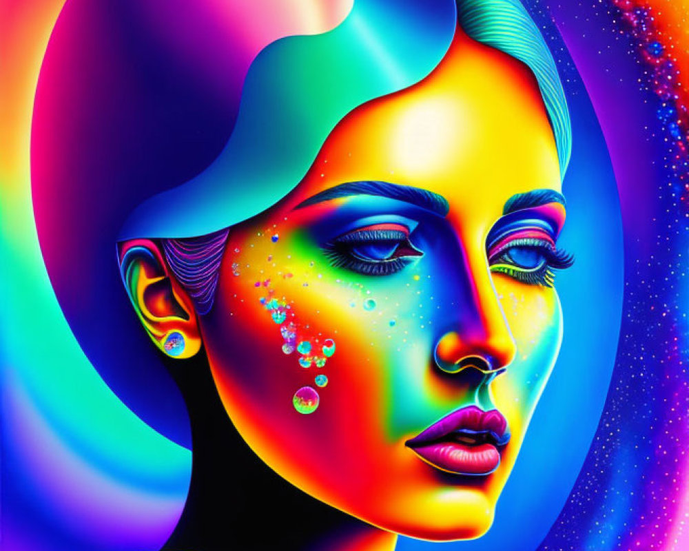 Colorful Psychedelic Woman Portrait with Cosmic Motifs